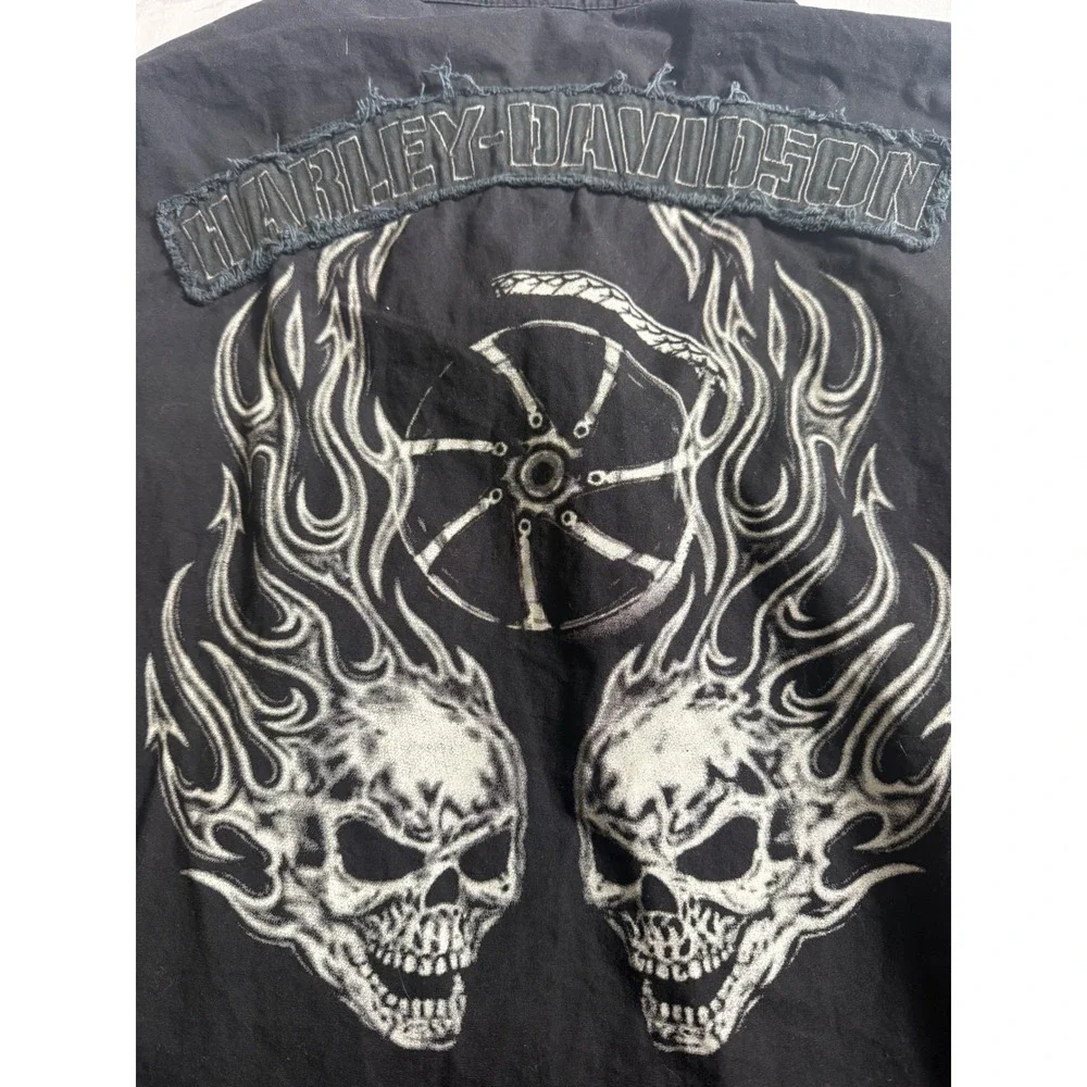 Harley Davidson Sleeveless Vest Sz L Mens Black Flaming Skull Graphic Biker Vest